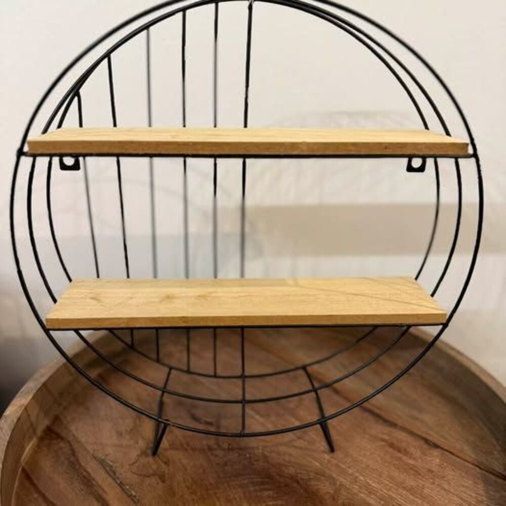 Circular Metal and Wood Wall Shelf or table top shelf